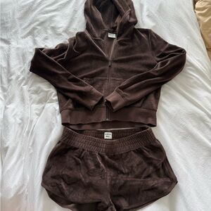 Aritzia Sunday Best Brown Velour Hoodie and Shorts Set